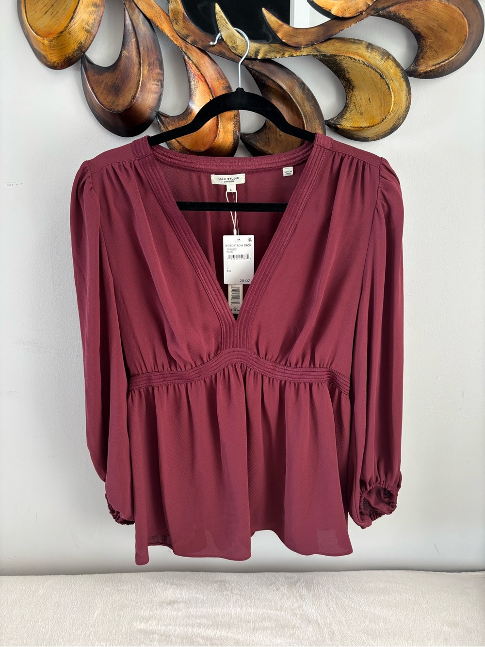 Max Studio Wine Red V-Neck Gathered Peasant Blouse
